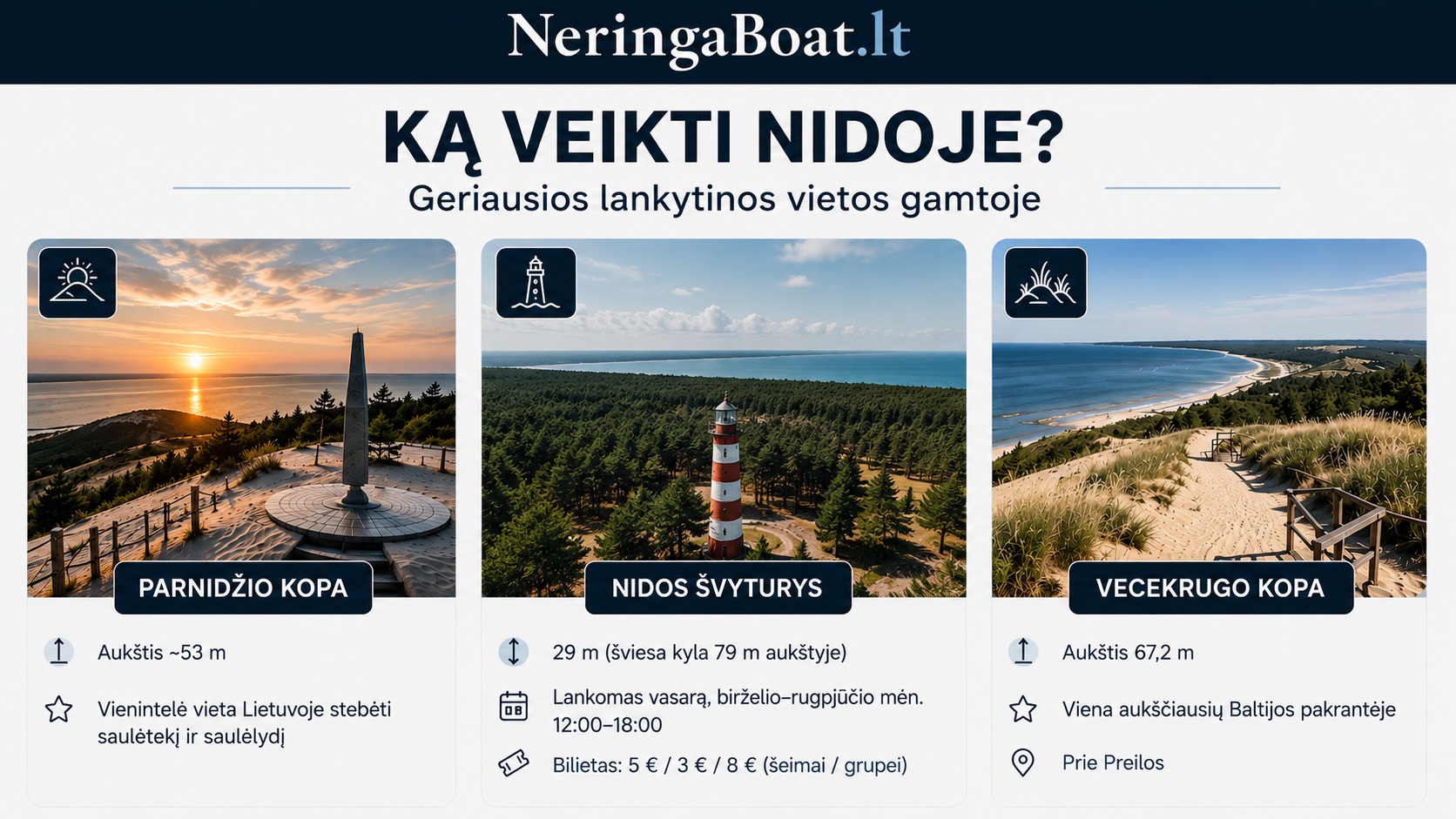 Ką veikti Nidoje gamtoje: Parnidžio kopa, Nidos švyturys ir Vecekrugo kopa